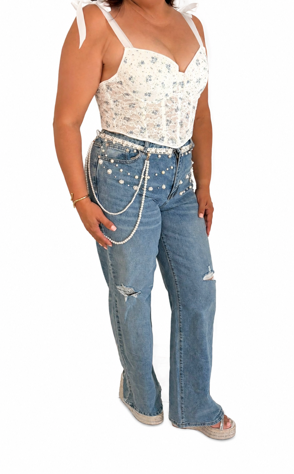 Pearled Flowers Denim Pants
