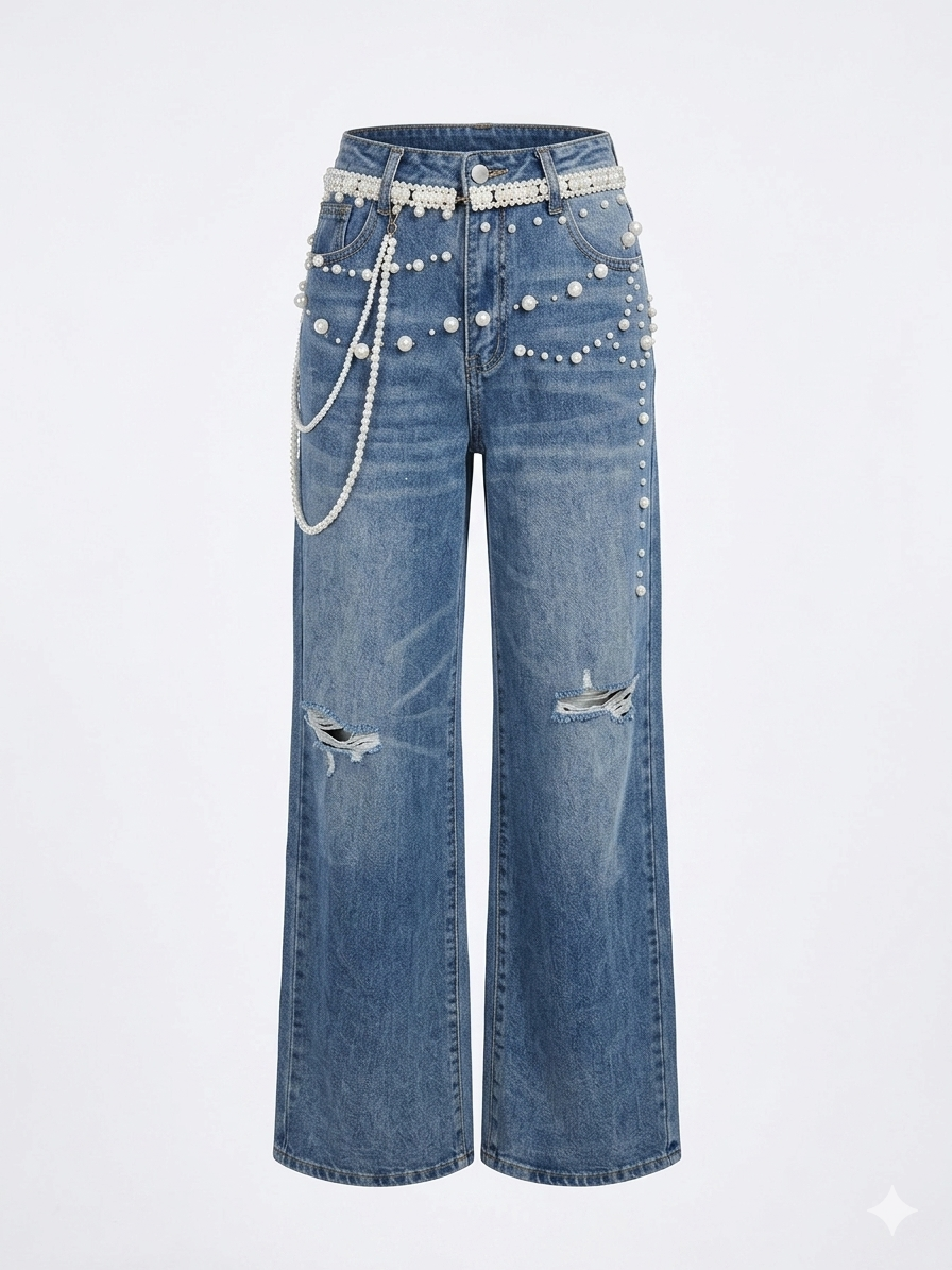 Pearled Flowers Denim Pants