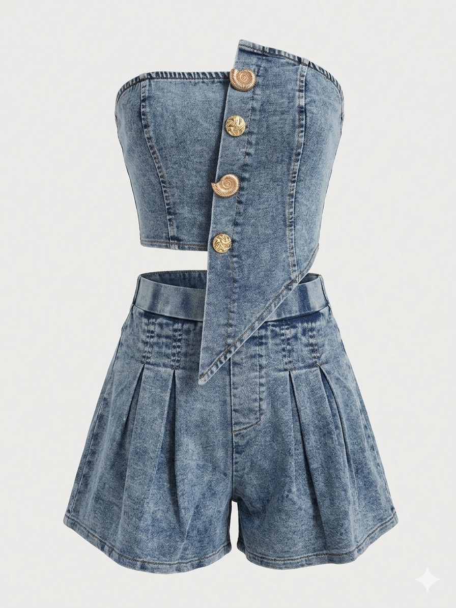 Denim Strapless Asymmetrical Set