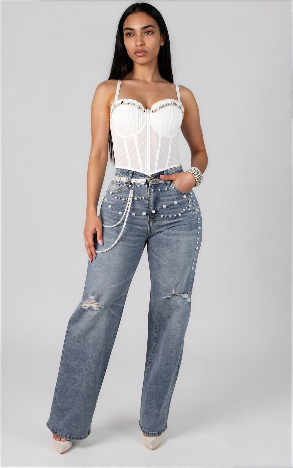 Pearled Flowers Denim Pants