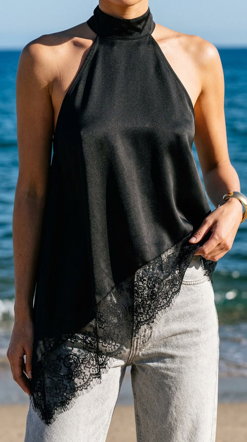 Asymmetric Lace Halter Top