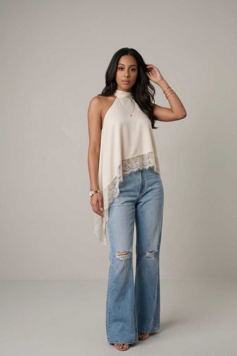 Asymmetric Lace Halter Top